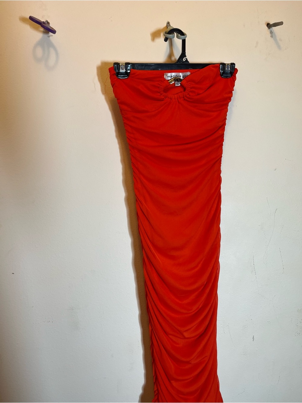Madden Girl Strapless Ruched Mesh Bodycon Midi Dress Orange Gold O-Ring S